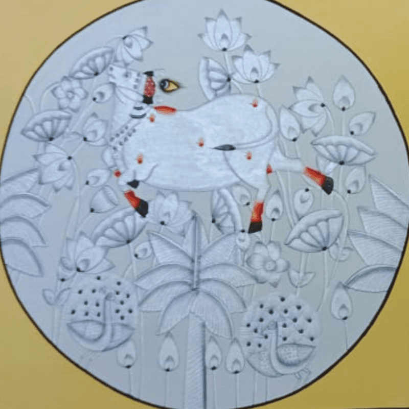 White Cow Pichwai Painting with Yellow Background – Handmade Lotus Pichwai Art